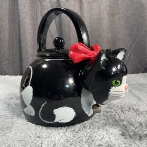 Via Ancona 1997 Vintage Cat Teapot Metal Kitty Whistling Tuxedo Black White Cat